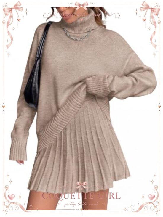 Dresses & Skirts - Turtleneck Sweater & Pleated Mini Skirt 2 Piece Set Knit Lounge Set